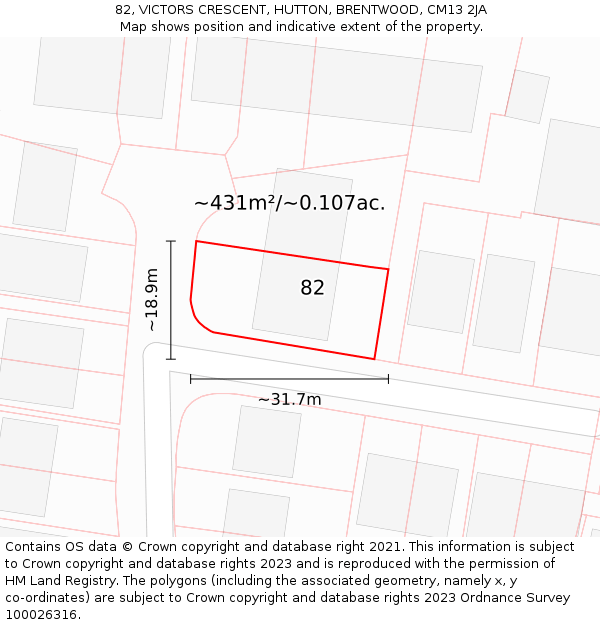 82, VICTORS CRESCENT, HUTTON, BRENTWOOD, CM13 2JA: Plot and title map