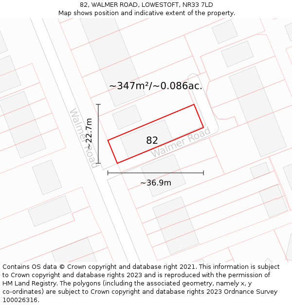 82, WALMER ROAD, LOWESTOFT, NR33 7LD: Plot and title map