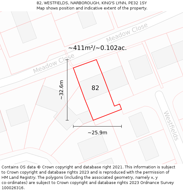 82, WESTFIELDS, NARBOROUGH, KING'S LYNN, PE32 1SY: Plot and title map