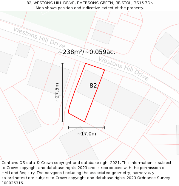82, WESTONS HILL DRIVE, EMERSONS GREEN, BRISTOL, BS16 7DN: Plot and title map