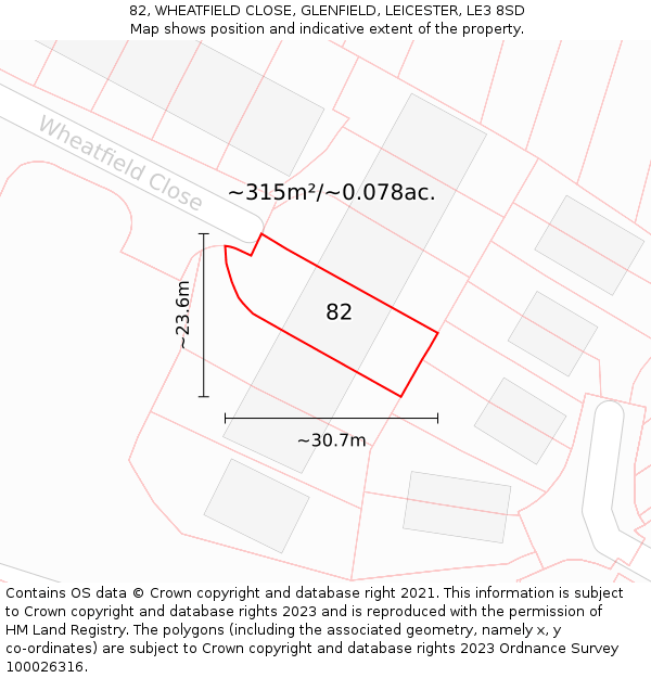 82, WHEATFIELD CLOSE, GLENFIELD, LEICESTER, LE3 8SD: Plot and title map