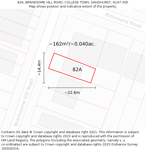 82A, BRANKSOME HILL ROAD, COLLEGE TOWN, SANDHURST, GU47 0QF: Plot and title map