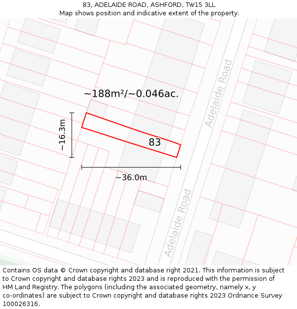 83, ADELAIDE ROAD, ASHFORD, TW15 3LL: Plot and title map