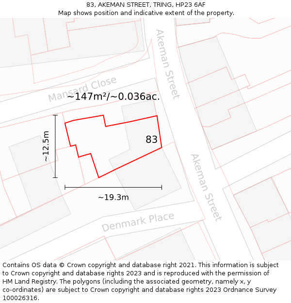 83, AKEMAN STREET, TRING, HP23 6AF: Plot and title map