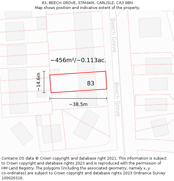 83, BEECH GROVE, STANWIX, CARLISLE, CA3 9BN: Plot and title map