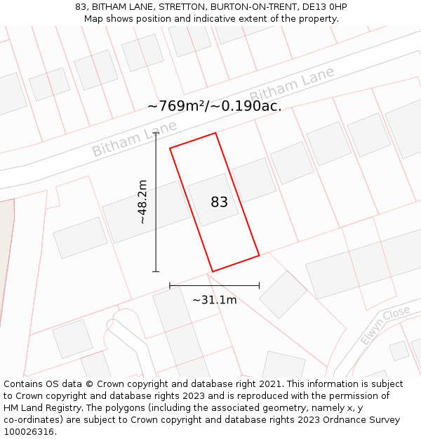 83, BITHAM LANE, STRETTON, BURTON-ON-TRENT, DE13 0HP: Plot and title map