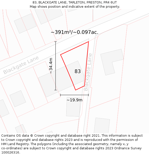 83, BLACKGATE LANE, TARLETON, PRESTON, PR4 6UT: Plot and title map