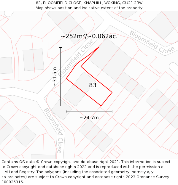 83, BLOOMFIELD CLOSE, KNAPHILL, WOKING, GU21 2BW: Plot and title map