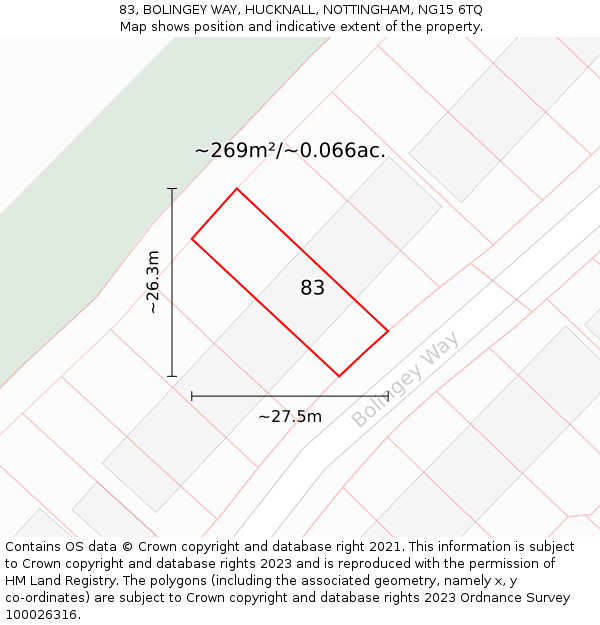 83, BOLINGEY WAY, HUCKNALL, NOTTINGHAM, NG15 6TQ: Plot and title map