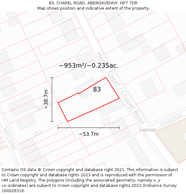 83, CHAPEL ROAD, ABERGAVENNY, NP7 7DR: Plot and title map