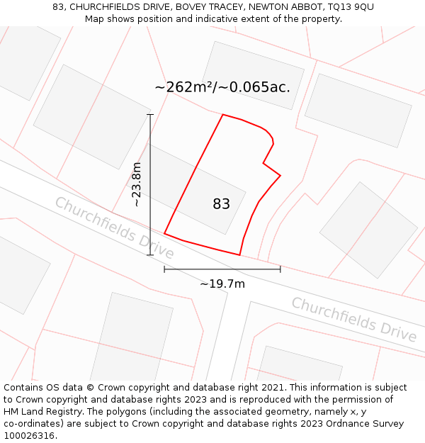 83, CHURCHFIELDS DRIVE, BOVEY TRACEY, NEWTON ABBOT, TQ13 9QU: Plot and title map