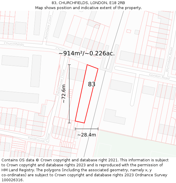 83, CHURCHFIELDS, LONDON, E18 2RB: Plot and title map