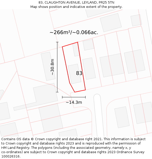 83, CLAUGHTON AVENUE, LEYLAND, PR25 5TN: Plot and title map