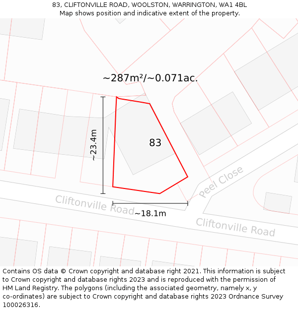 83, CLIFTONVILLE ROAD, WOOLSTON, WARRINGTON, WA1 4BL: Plot and title map