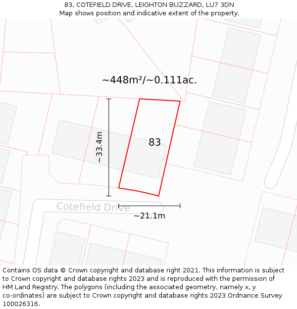 83, COTEFIELD DRIVE, LEIGHTON BUZZARD, LU7 3DN: Plot and title map