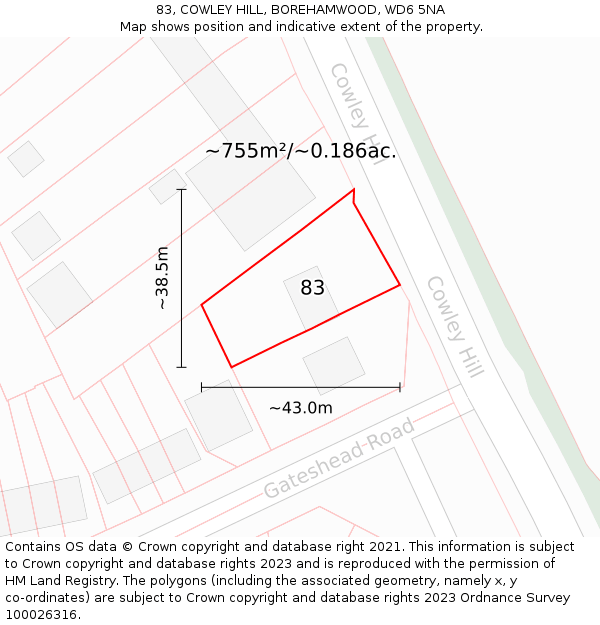 83, COWLEY HILL, BOREHAMWOOD, WD6 5NA: Plot and title map