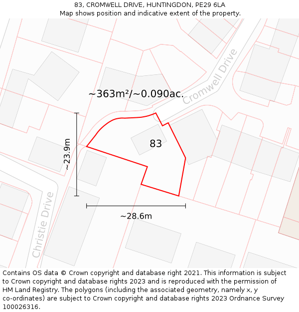83, CROMWELL DRIVE, HUNTINGDON, PE29 6LA: Plot and title map