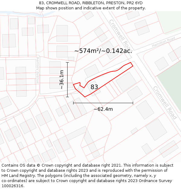 83, CROMWELL ROAD, RIBBLETON, PRESTON, PR2 6YD: Plot and title map