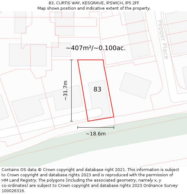 83, CURTIS WAY, KESGRAVE, IPSWICH, IP5 2FF: Plot and title map