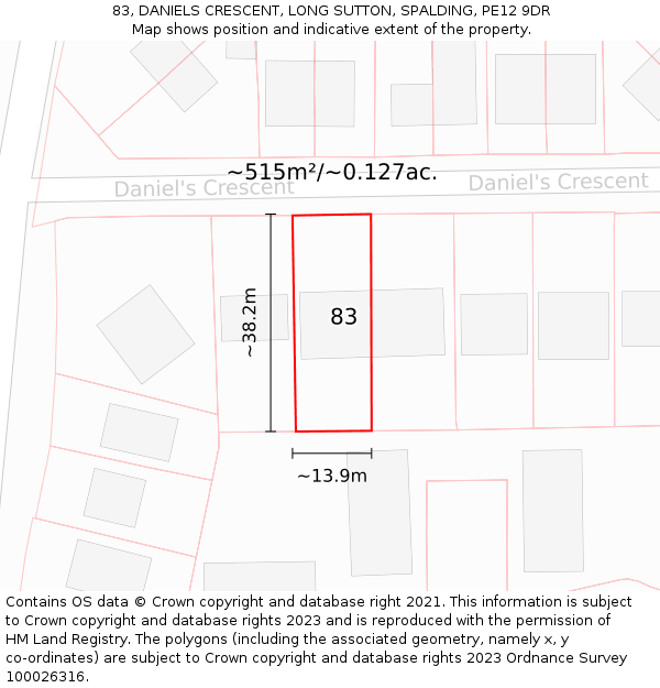 83, DANIELS CRESCENT, LONG SUTTON, SPALDING, PE12 9DR: Plot and title map