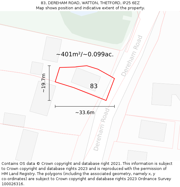 83, DEREHAM ROAD, WATTON, THETFORD, IP25 6EZ: Plot and title map