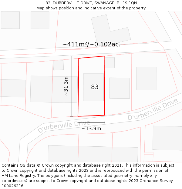 83, DURBERVILLE DRIVE, SWANAGE, BH19 1QN: Plot and title map