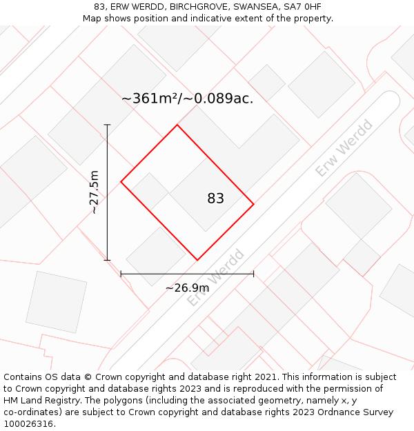 83, ERW WERDD, BIRCHGROVE, SWANSEA, SA7 0HF: Plot and title map