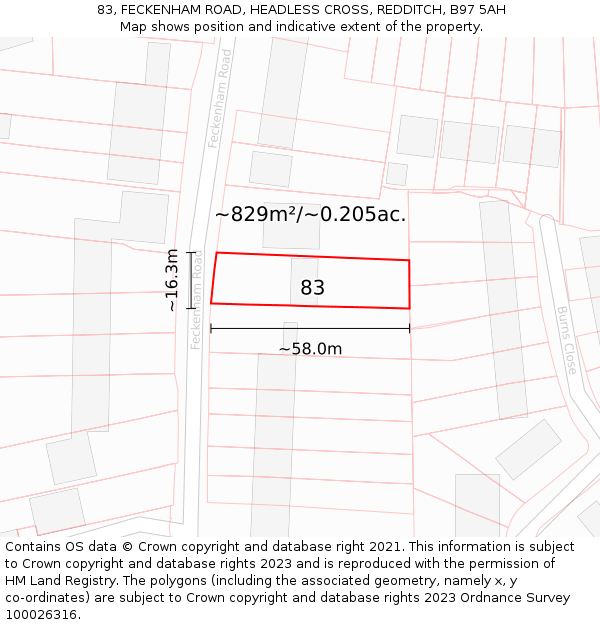 83, FECKENHAM ROAD, HEADLESS CROSS, REDDITCH, B97 5AH: Plot and title map