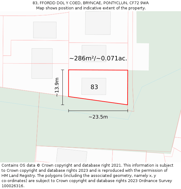 83, FFORDD DOL Y COED, BRYNCAE, PONTYCLUN, CF72 9WA: Plot and title map