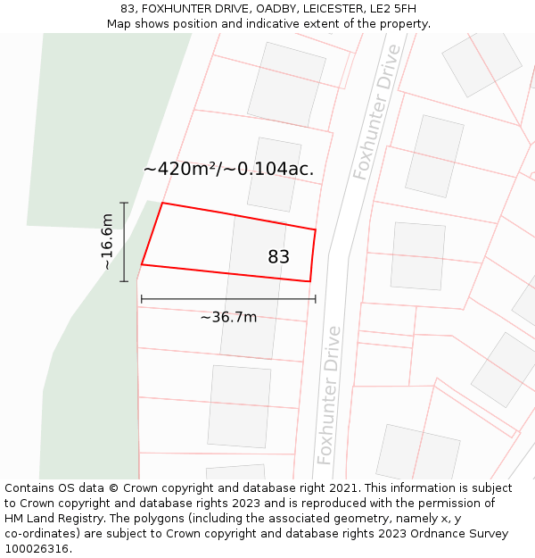 83, FOXHUNTER DRIVE, OADBY, LEICESTER, LE2 5FH: Plot and title map