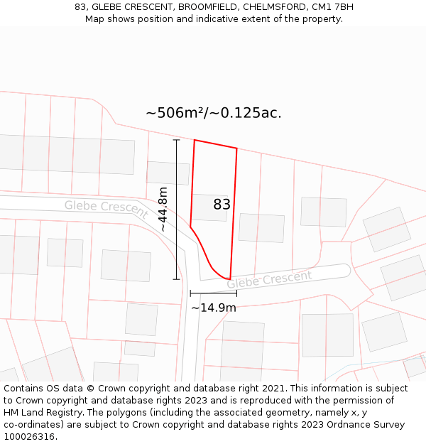 83, GLEBE CRESCENT, BROOMFIELD, CHELMSFORD, CM1 7BH: Plot and title map