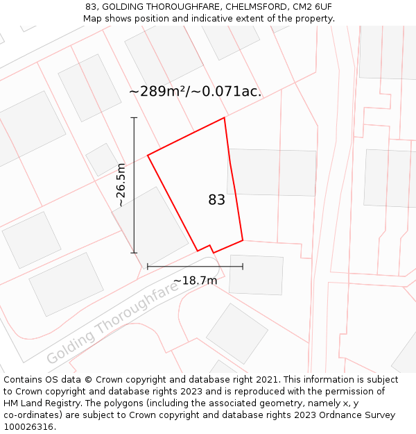 83, GOLDING THOROUGHFARE, CHELMSFORD, CM2 6UF: Plot and title map