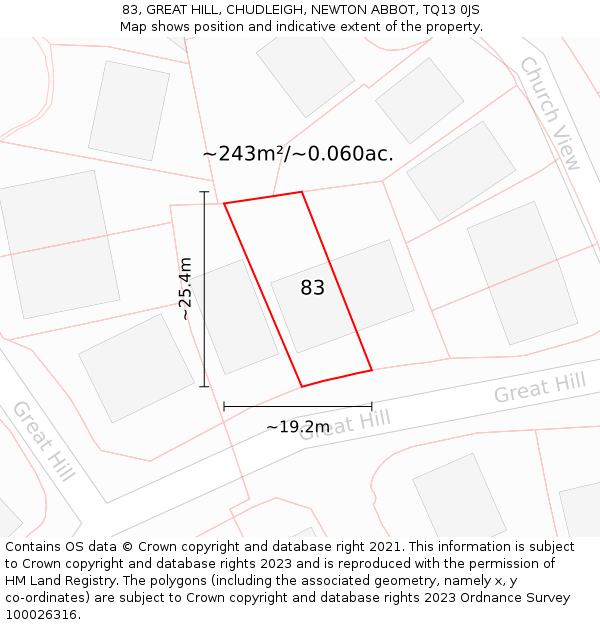 83, GREAT HILL, CHUDLEIGH, NEWTON ABBOT, TQ13 0JS: Plot and title map