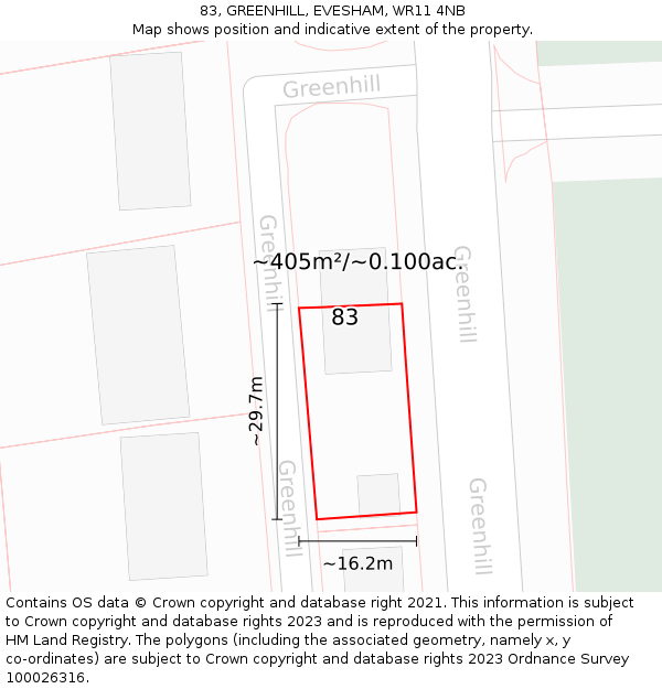 83, GREENHILL, EVESHAM, WR11 4NB: Plot and title map