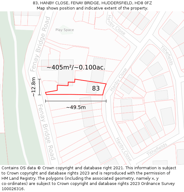 83, HANBY CLOSE, FENAY BRIDGE, HUDDERSFIELD, HD8 0FZ: Plot and title map