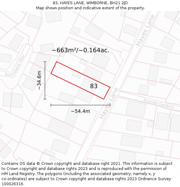 83, HAYES LANE, WIMBORNE, BH21 2JD: Plot and title map