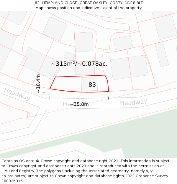 83, HEMPLAND CLOSE, GREAT OAKLEY, CORBY, NN18 8LT: Plot and title map