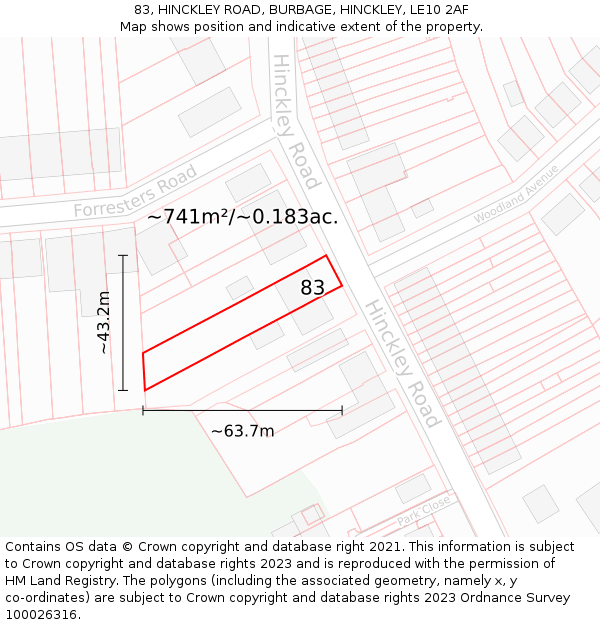 83, HINCKLEY ROAD, BURBAGE, HINCKLEY, LE10 2AF: Plot and title map