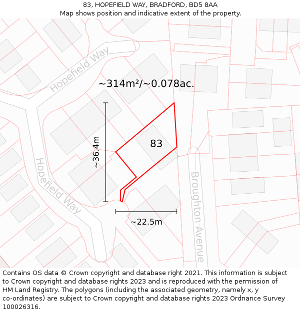 83, HOPEFIELD WAY, BRADFORD, BD5 8AA: Plot and title map