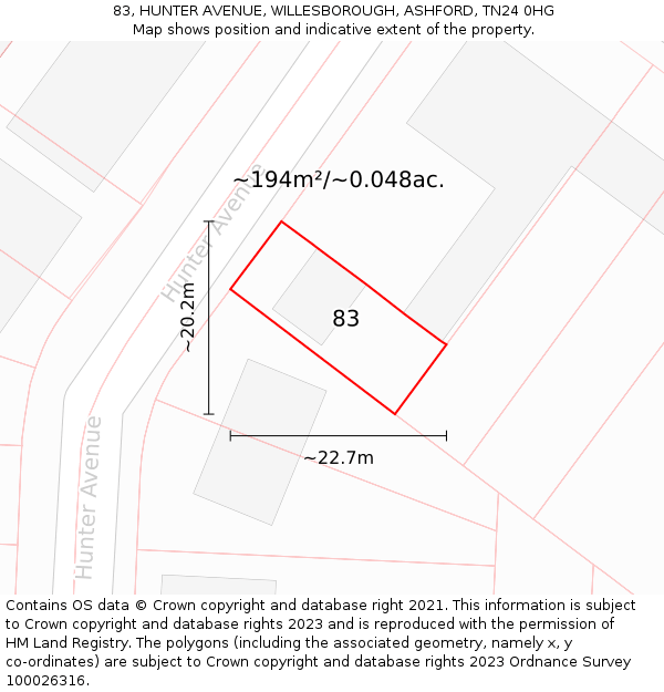 83, HUNTER AVENUE, WILLESBOROUGH, ASHFORD, TN24 0HG: Plot and title map
