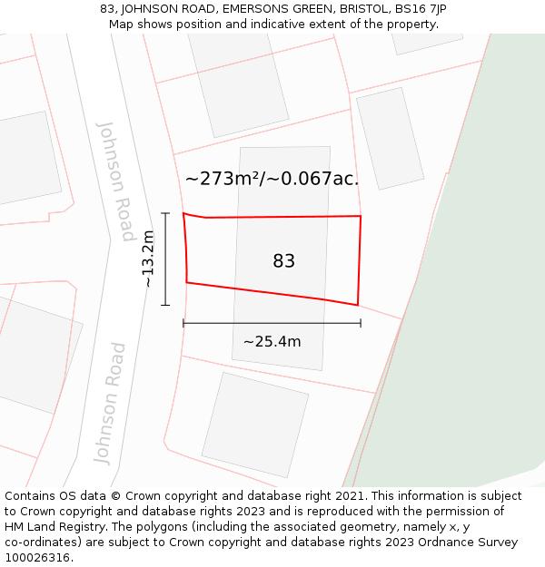 83, JOHNSON ROAD, EMERSONS GREEN, BRISTOL, BS16 7JP: Plot and title map