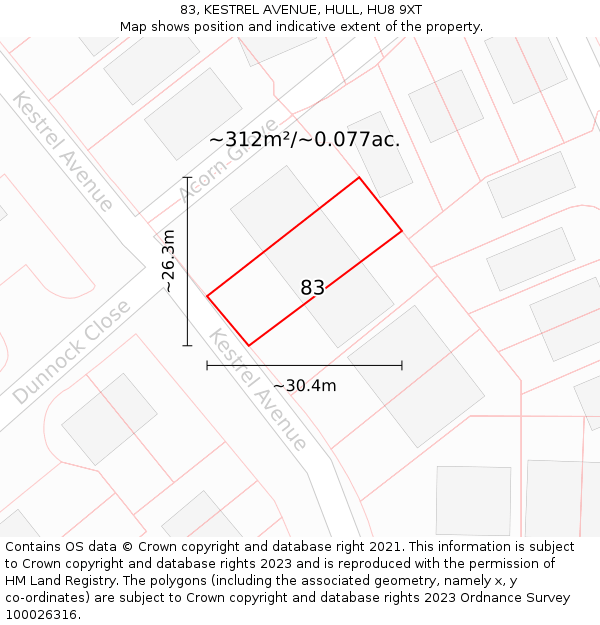 83, KESTREL AVENUE, HULL, HU8 9XT: Plot and title map