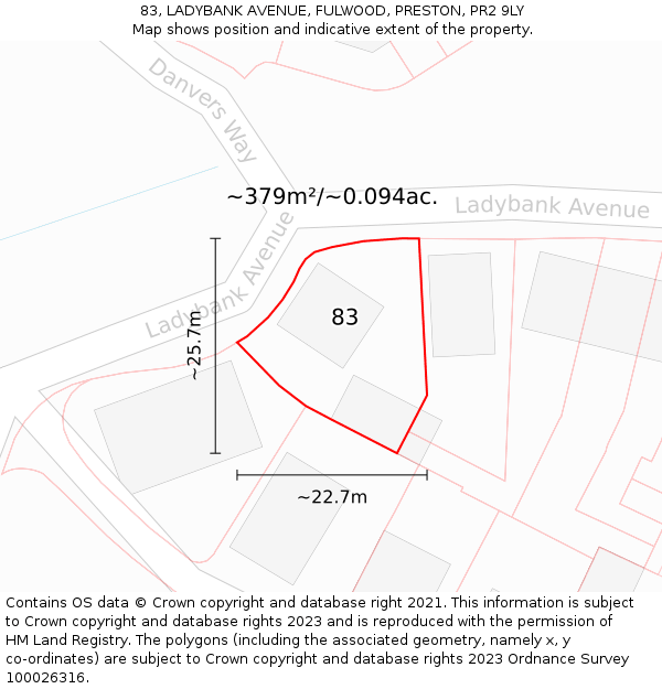 83, LADYBANK AVENUE, FULWOOD, PRESTON, PR2 9LY: Plot and title map