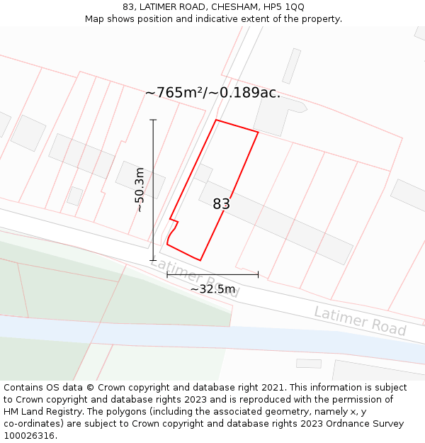 83, LATIMER ROAD, CHESHAM, HP5 1QQ: Plot and title map