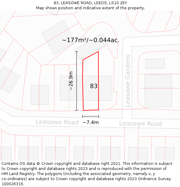 83, LEASOWE ROAD, LEEDS, LS10 2EY: Plot and title map