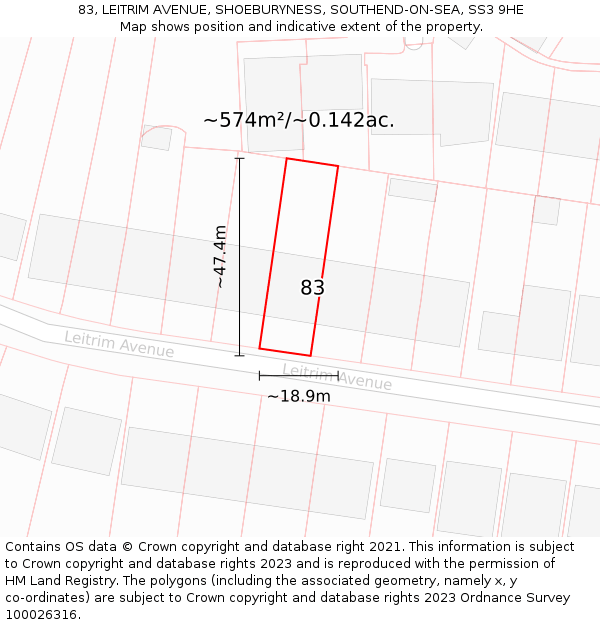 83, LEITRIM AVENUE, SHOEBURYNESS, SOUTHEND-ON-SEA, SS3 9HE: Plot and title map