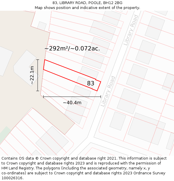 83, LIBRARY ROAD, POOLE, BH12 2BG: Plot and title map
