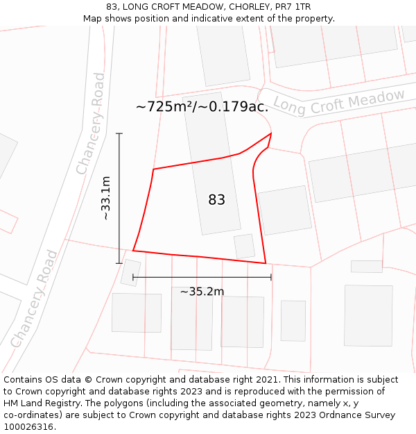 83, LONG CROFT MEADOW, CHORLEY, PR7 1TR: Plot and title map