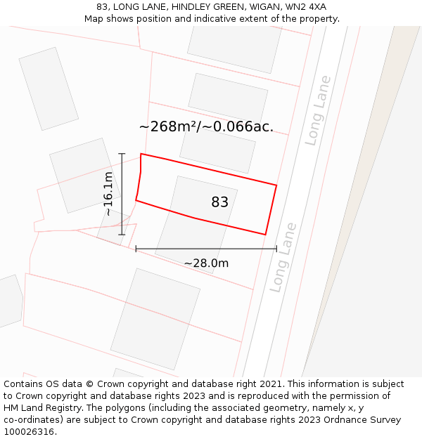 83, LONG LANE, HINDLEY GREEN, WIGAN, WN2 4XA: Plot and title map