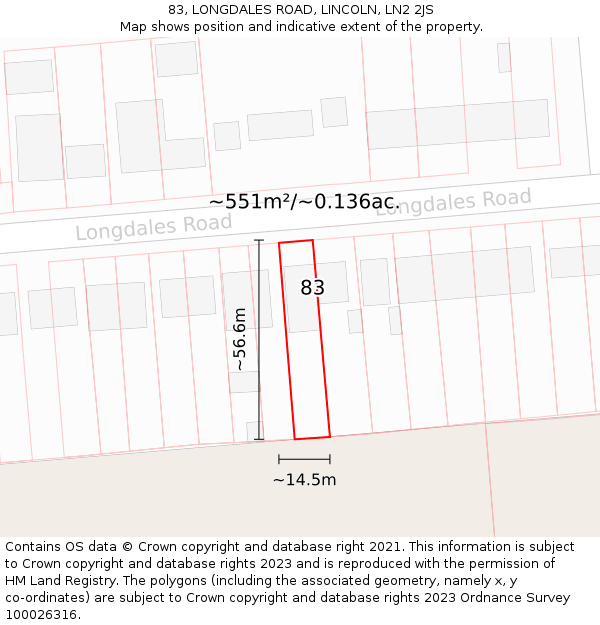 83, LONGDALES ROAD, LINCOLN, LN2 2JS: Plot and title map